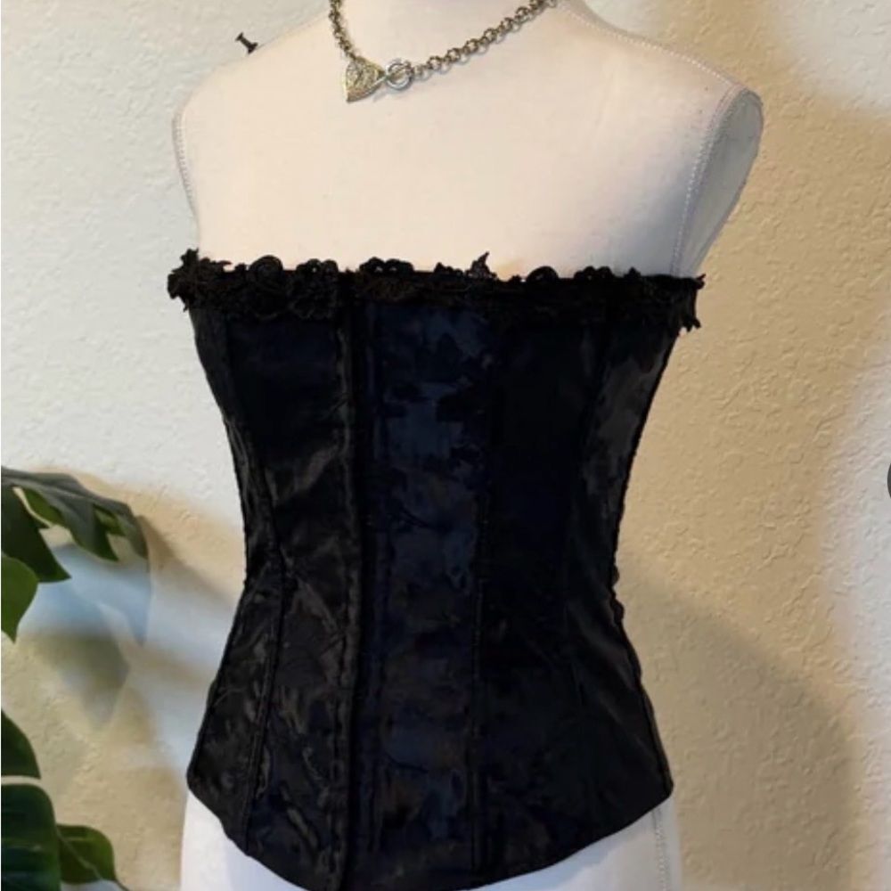 Vintage Victoria's Secret Stunning Black Satin Corset w Garter belt
